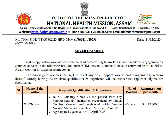 NHM Assam Staff Nurse Recruitment 2024 400 Vacancies Apply Now