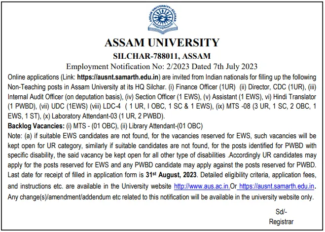 Assam University Recruitment 2023 For Non Teaching Staff ...