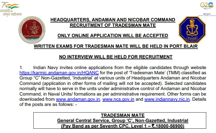 Indian Navy Tradesman Mate Recruitment 2023