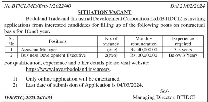 Bodoland Trade and Industrial Development Recruitment 2024