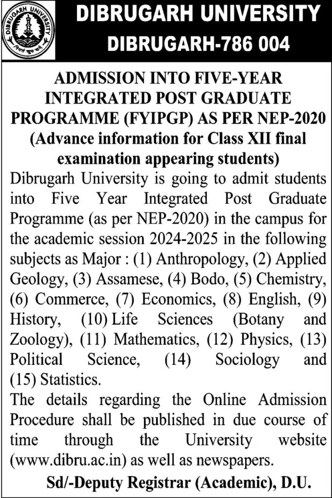 Dibrugarh University Admission 2024