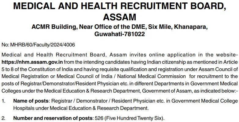 MHRB Assam Recruitment for Various Post 2024