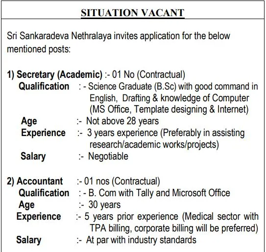Sri Sankaradeva Nethralaya Recruitment 2024