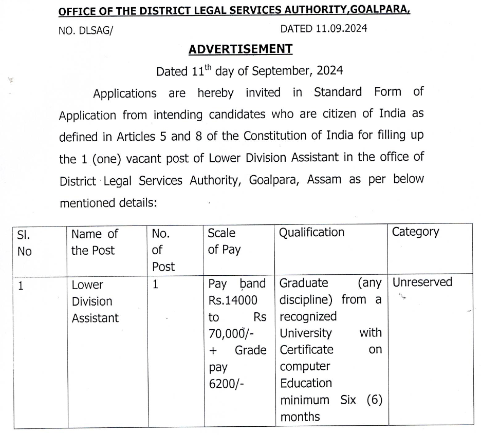 DLSA Goalpara Recruitment 2024 Notification