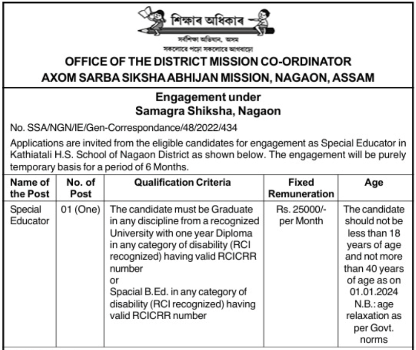 SSA Nagaon Special Educator Recruitment 2024 Notification